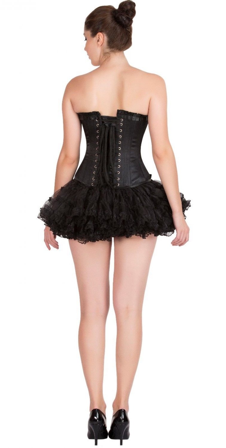 Black Satin Lace Gothic Bustier Overbust Costume Tutu Skirt Corset Dress