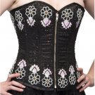 Black Satin Handmade Sequins Halloween Costume Waist Cincher Overbust Corset Top