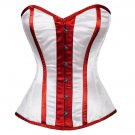 White Satin Red Stripes Goth Burlesque Bustier Waist Tariner Overbust Corset Top