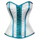 White Satin Baby Blue Stripes Goth Burlesque Waist Training Overbust Corset Top