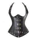 Black Leather Halter Neck Gothic Steampunk Bustier LONG Underbust Corset Costume