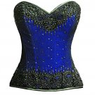 Blue Satin Black Handmade Sequins Gothic Burlesque Bustier Overbust Corset Top