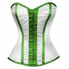 White Satin Green Stripes Burlesque Bustier Waist Training Overbust Corset Top