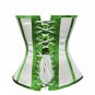 White Satin Green Stripes Burlesque Bustier Waist Training Overbust Corset Top