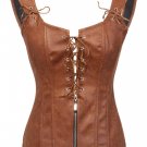 Brown Leather Shoulder Straps Gothic Steampunk Bustier Overbust Corset Costume