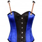 Blue Black Satin Leather Shoulder Straps Gothic Steampunk Overbust Corset Top