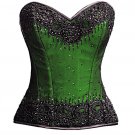 Green Satin Black Handmade Sequins Gothic Burlesque Bustier Overbust Corset Top
