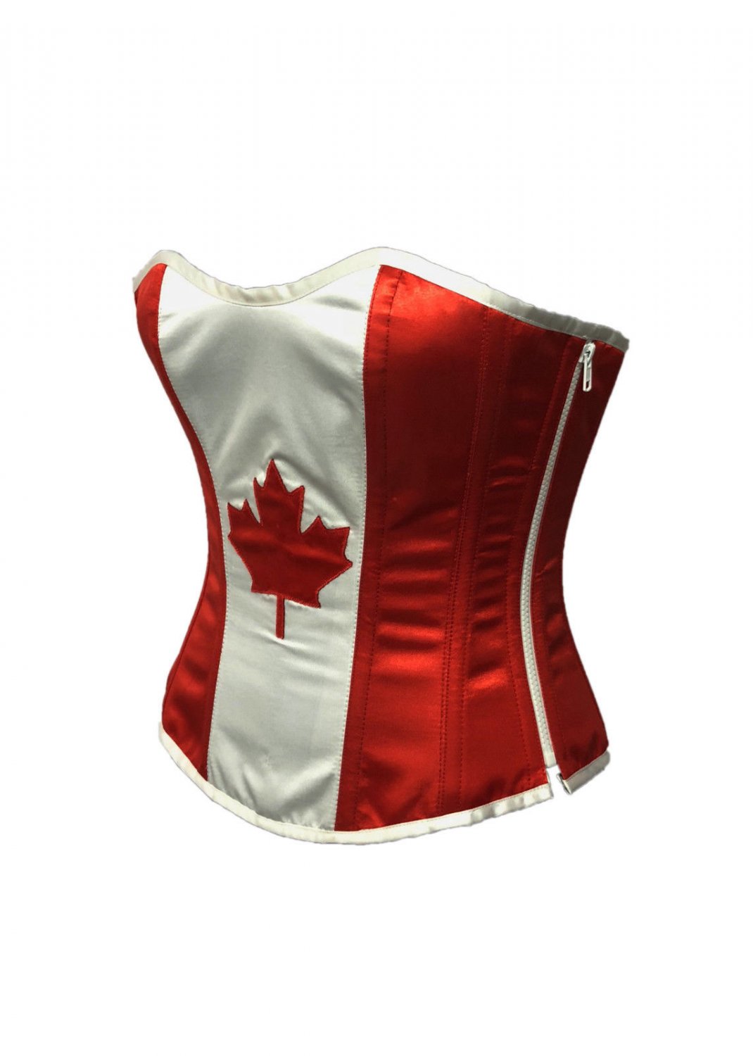 Red White Satin Canada Flag Handwork Goth Burlesque Bustier Overbust Corset Top