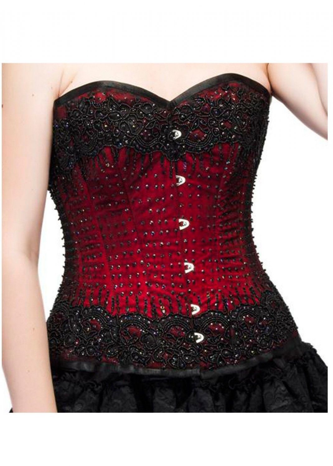 Red Satin Black Handmade Sequins Goth Bustier Waist Training Overbust