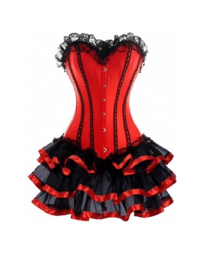 Red Satin Black Frill Tutu Skirt  Burlesque Overbust Corset Dress