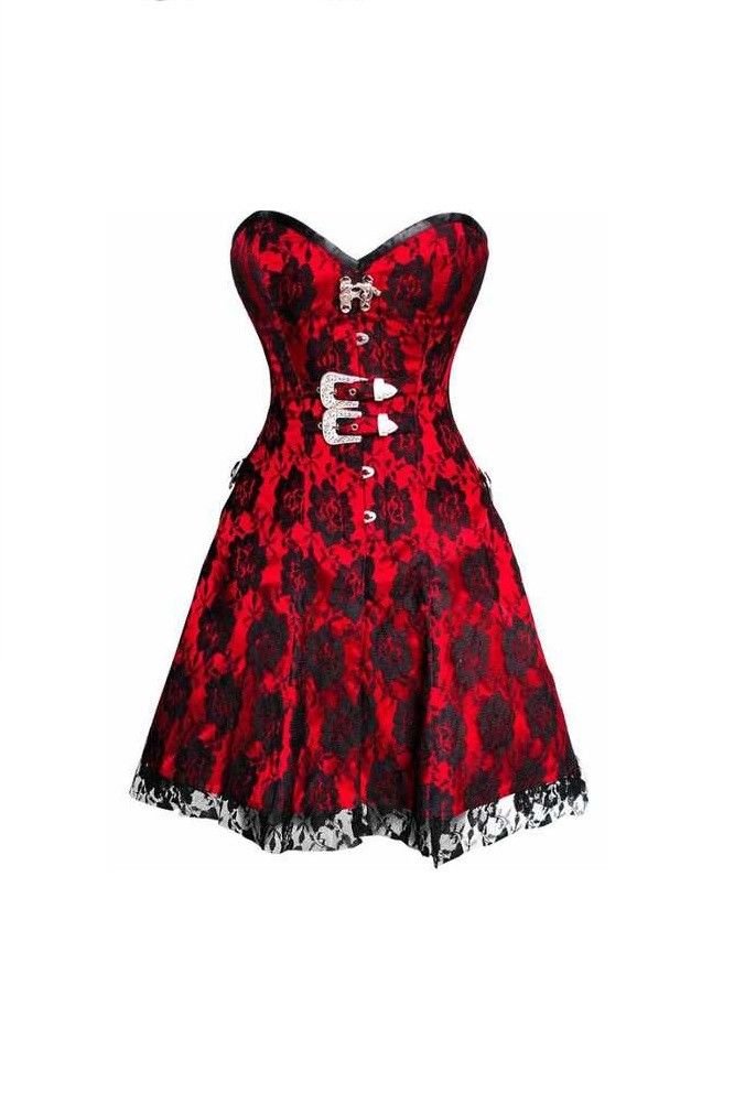 Red Satin & Black Net Overlay Gothic Burlesque Costume Overbust Corset Dress