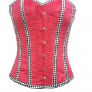 Red Velvet Check Stripes Gothic Burlesque Bustier Waist Training Overbust Corset