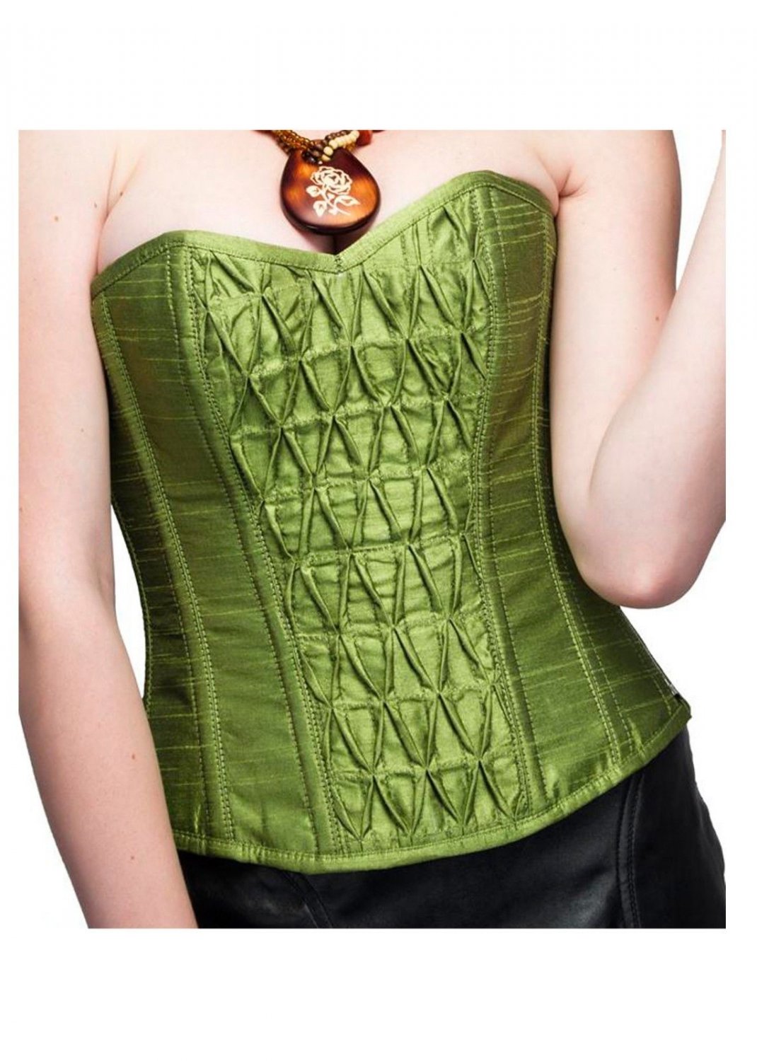 Pea Green Silk Gothic Burlesque Bustier Waist Training Overbust Corset Costume