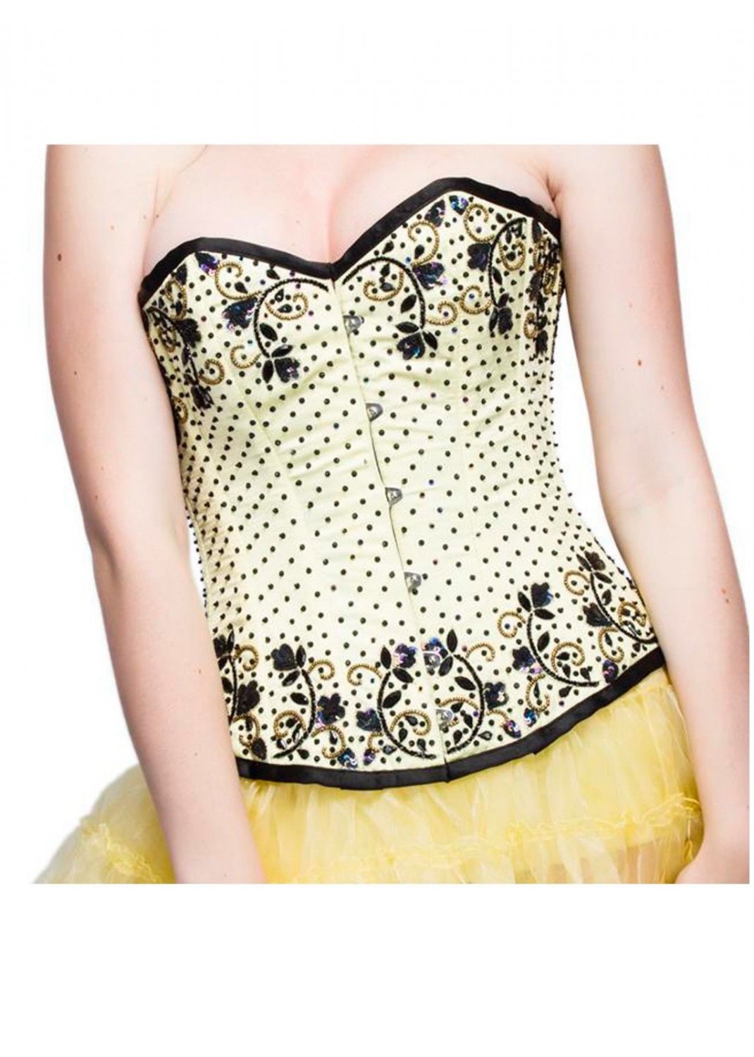 Yellow Satin Black Handmade On Front & Side Sequins Gothic Overbust Corset Top