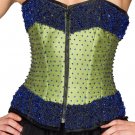 Green Satin & Blue Sequins Handwork Gothic Burlesque Bustier Overbust Corset Top