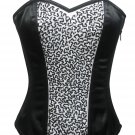 Black White Satin Sequins Gothic Burlesque Waist Training Overbust Corset Top