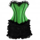 Green Satin Black Frill Tutu Skirt Goth Burlesque Bustier Overbust Corset Dress