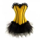 Yellow Satin Black Net Burlesque Bustier Waist Training Overbust Corset Dress
