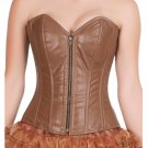 Sexy Brown Leather Zipper Gothic Burlesque Waist Training Overbust Corset Top
