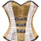 Alpine Yellow Satin Black Newspaper Print Cotton Gothic Overbust Corset Costume