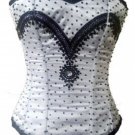White Satin Black Sequins Burlesque Bustier Waist Training Overbust Corset Top