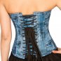 Blue Denim Print Faux Leather Bustier Busk Open Costume Overbust Corset Top