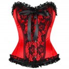 Red Satin Black Net N Frill Burlesque Waist Cincher Bustier Overbust Corset Top