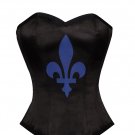 Black Satin Blue Flower-De-Luce Print Burlesque Waist Shaper Overbust Corset Top