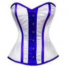 White Satin Blue Stripes Goth Burlesque Bustier Waist Shaper Overbust Corset Top