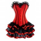 Red Satin Black Frill & Tutu Skirt  Burlesque Overbust Corset Dress