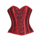 Red Black Brocade Leather Strips Gothic Steampunk Bustier Overbust Corset Top
