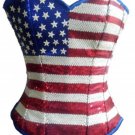 Blue Satin USA Flag Red White Sequins BurlesqueWaist Trainer Overbust Corset Top
