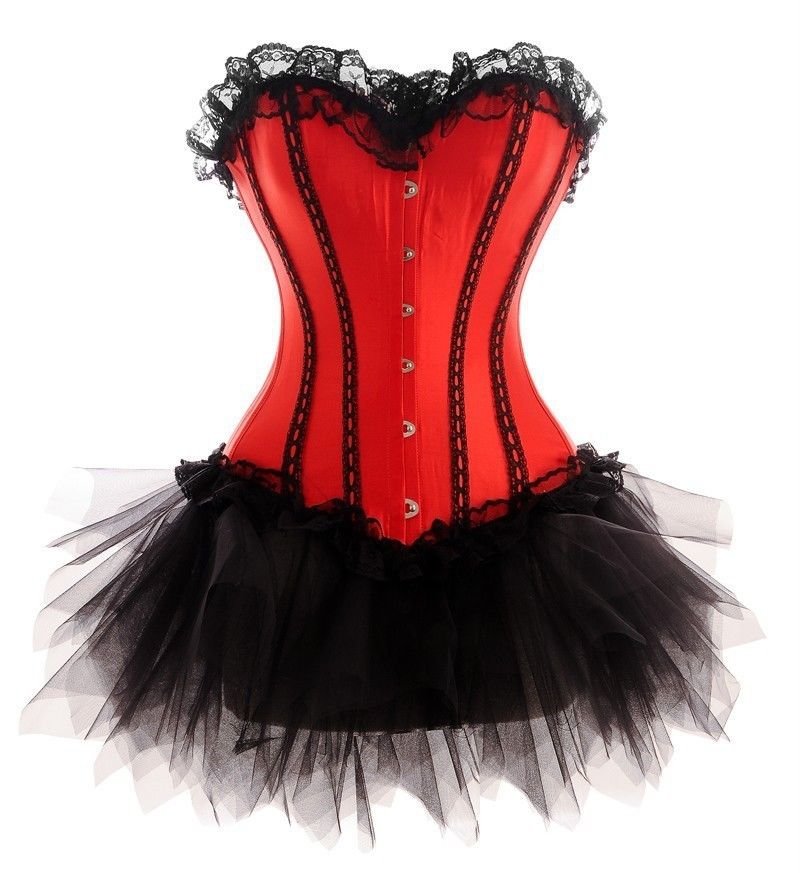 Red Satin Black Net Gothic Burlesque Waist Trainer Bustier Overbust Corset Dress