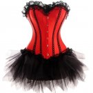 Red Satin Black Net Gothic Burlesque Waist Trainer Bustier Overbust Corset Dress