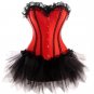 Red Satin Black Net Gothic Burlesque Waist Trainer Bustier Overbust Corset Dress