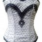 White Satin Black Sequins Gothic Burlesque Waist Trainer Overbust Corset Costume