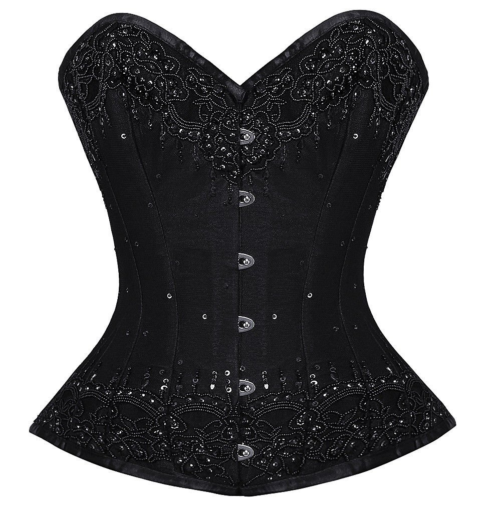 Black Fabric Handmade Sequins Gothic Burlesque Waist Shaper Overbust Corset Top