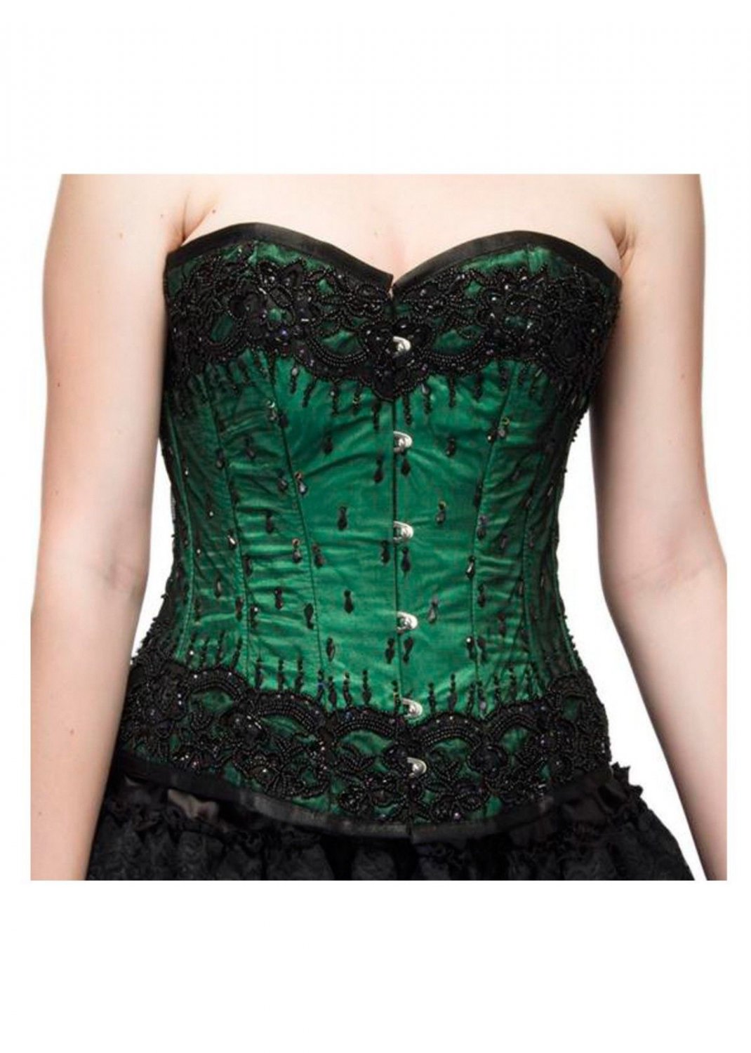 Green Satin Handwork Sequins Halloween Costume Burlesque Overbust Corset Top