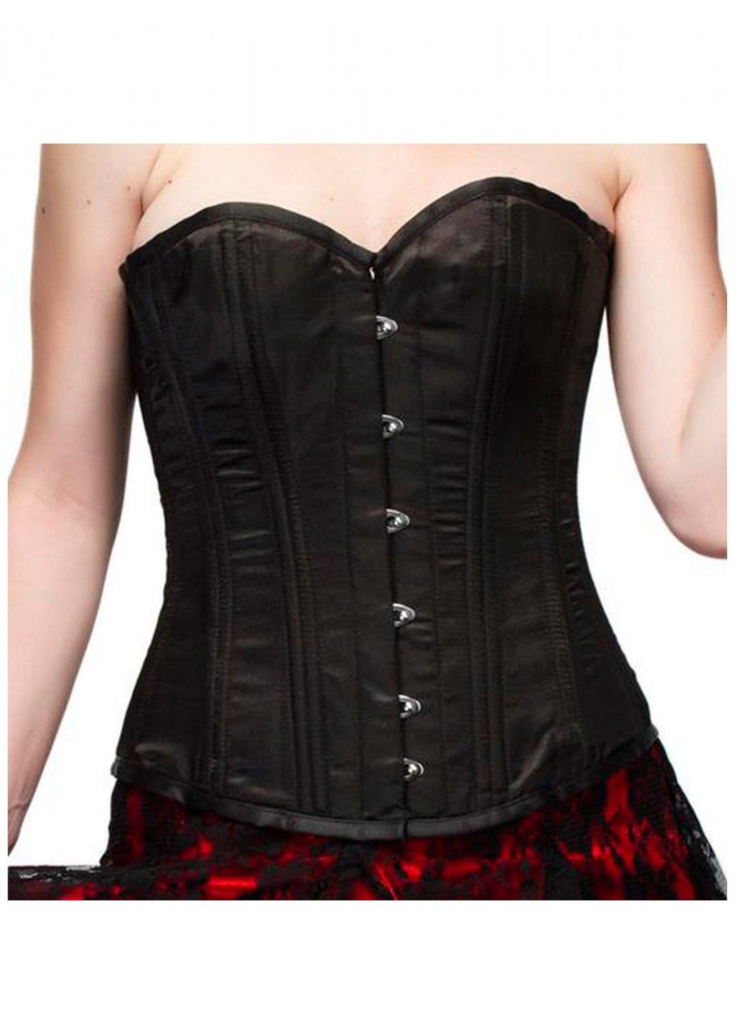 Black Satin Double Bone Halloween Costume Goth Waist Shaper Overbust Corset Top