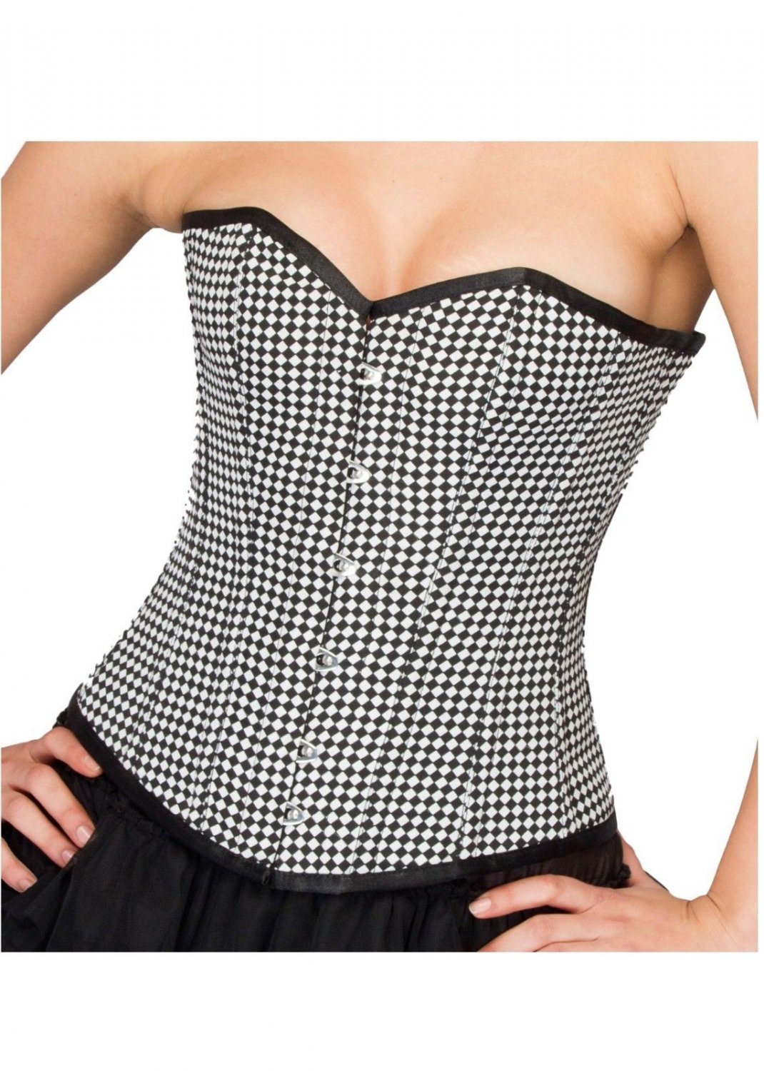 Black White Check Polyester Halloween Costume Goth Burlesque Overbust Corset Top