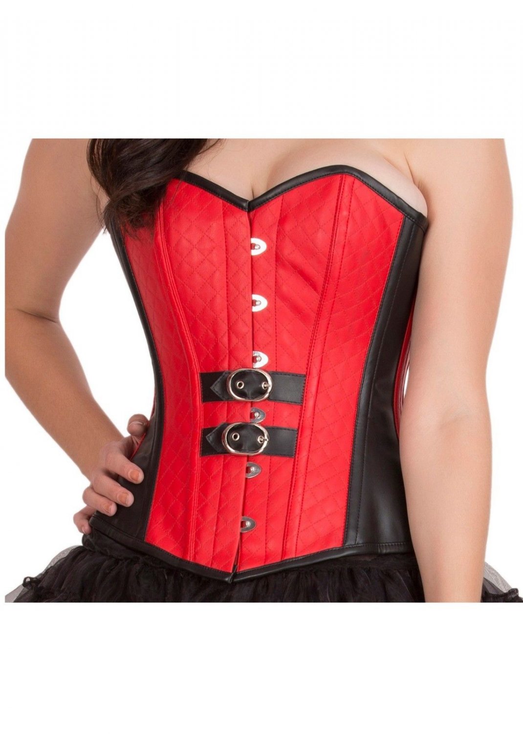Red Black Leather Gothic Steampunk Waist Training Bustier Overbust Corset Top