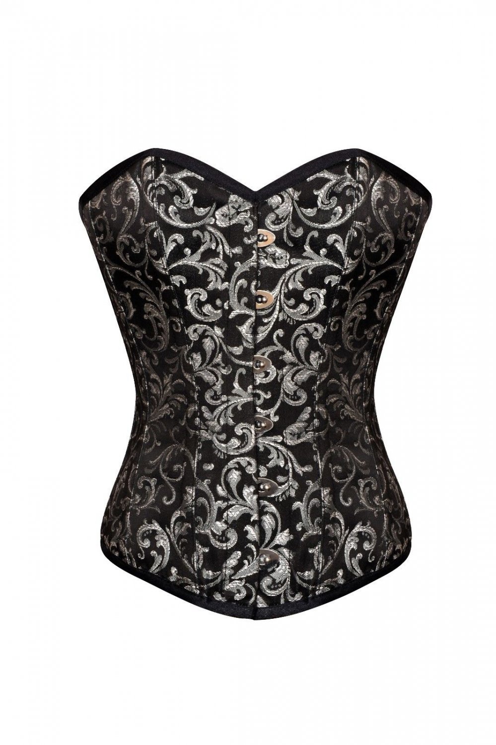 Black Silver Brocade Gothic Burlesque Bustier Waist Training Overbust Corset Top