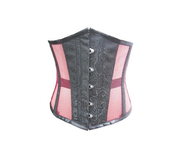 Black Brocade Pink Net Goth Steampunk Bustier Waist Shaper Underbust Corset Top