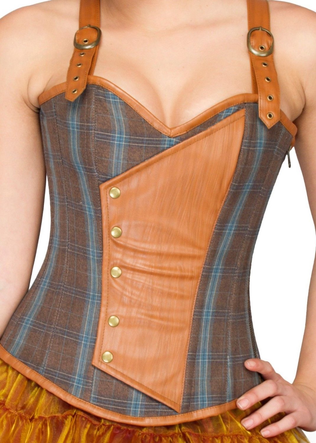 Cotton & Leather Straps Gothic Steampunk Waist Training Overbust Corset Costume