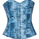 Blue Denim Print Leather Halloween Costume Steampunk Bustier Overbust Corset Top