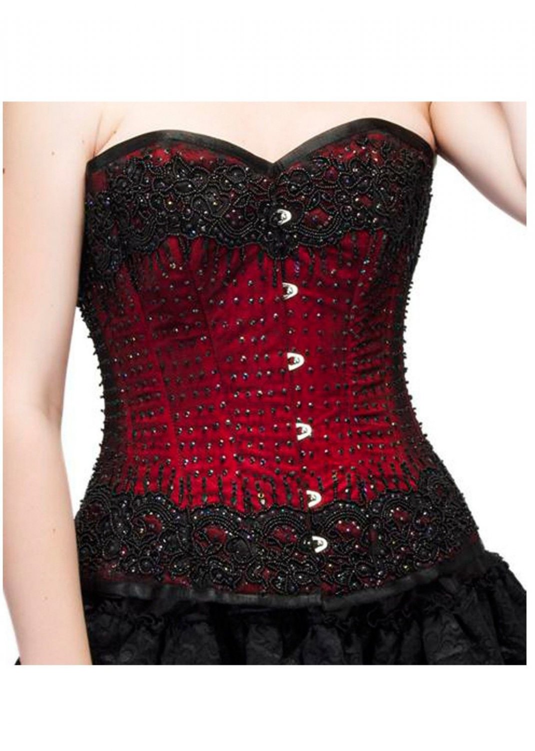 Red Satin Black Handmade Sequins Gothic Bustier Waist Shaper Overbust Corset Top