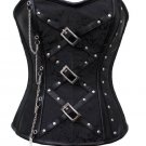 Black Brocade Leather Strips Gothic Steampunk Waist Training Overbust Corset Top