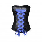 Black Faux Leather Blue Satin Lace Steampunk Waist Training Bustier Overbust Top
