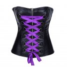 Black Leather & Purple Satin Lace Steampunk Waist Training Overbust Corset Top