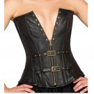 Black Leather With Belt & Buckle Gothic Steampunk Bustier Overbust Corset Top